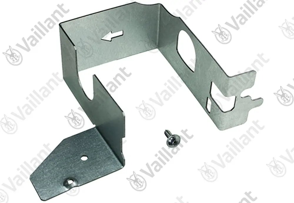 Vaillant Halter aus Metall für eine Zirku-Pumpe, strukturiert mit Aussparungen und einer Schraube zur Befestigung, in neutraler Optik.